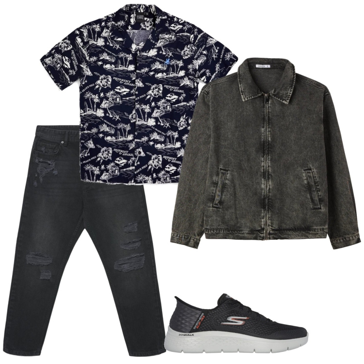 Outfit uomo - Special night. Stile Casual per Serata speciale. Abbinamento con jeans strappati, cappotti, camicie a manica corta, sneakers.