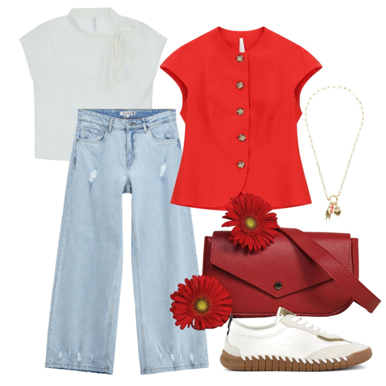 Outfit donna - Maggio. Stile Casual chic per Tutti i giorni. Abbinamento con jeans, canottiere, blazer, borse a tracolla, ciondoli, sneakers.