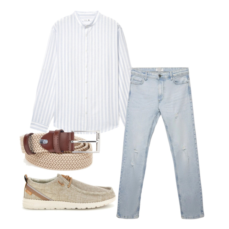 Outfit uomo - Maggio. Stile Casual per Tutti i giorni. Abbinamento con jeans strappati, camicie, cinture, scarpe stringate.