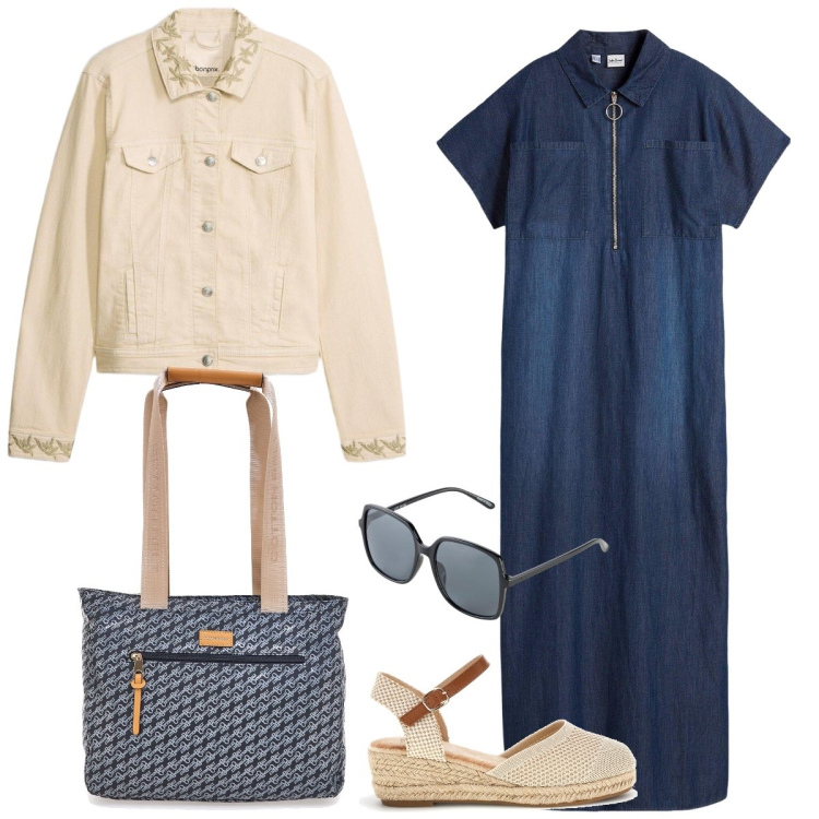 Outfit donna - In jeans. Stile Casual per Tutti i giorni. Abbinamento con vestiti lunghi, cappotti, occhiali da sole, borse a spalla, zeppe.