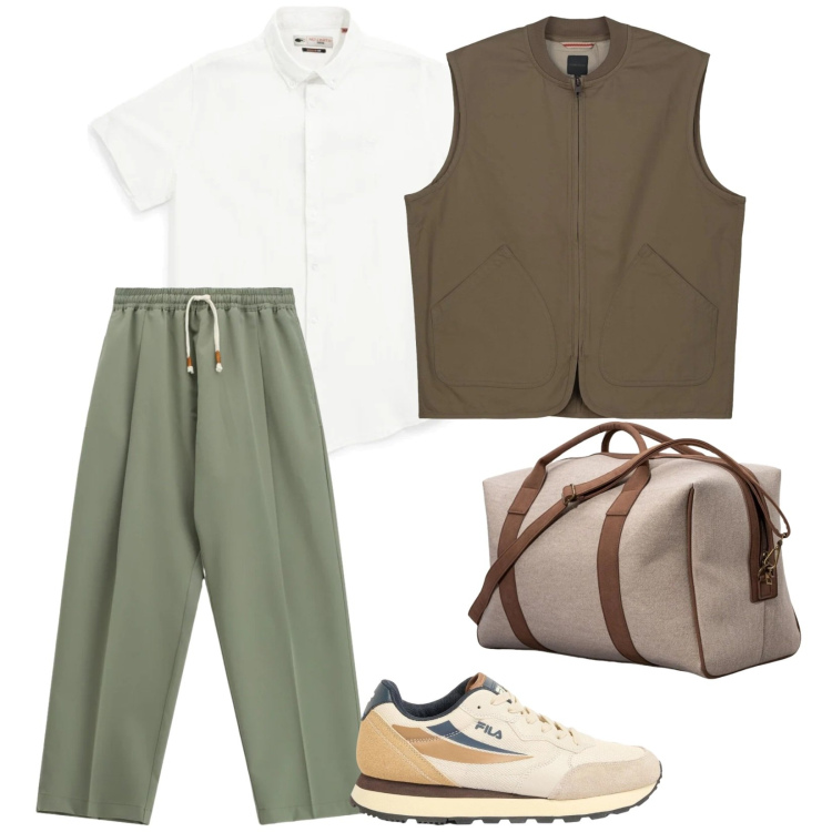 Outfit uomo - Maggio. per Mare. Abbinamento con sneakers, pantaloni, gilet, borse sportive, camicie a manica corta.