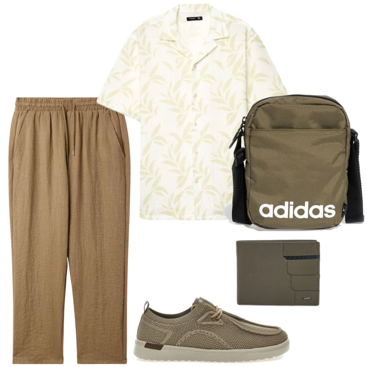 Outfit uomo - Pantaloni leggeri. per Tutti i giorni. Abbinamento con pantaloni, camicie a manica corta, portafogli, scarpe stringate, borse sportive.