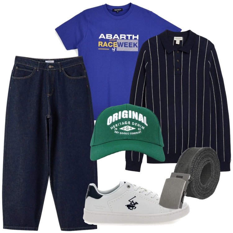 Outfit uomo - Alla partita di basket. per Sport. Abbinamento con maglieria, cinture, cappelli con visiera, jeans, sneakers, t-shirt.