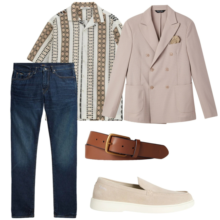 Outfit uomo - Giacca e denim. per Ufficio. Abbinamento con giacche, camicie a manica corta, scarpe stringate, cinture, jeans.