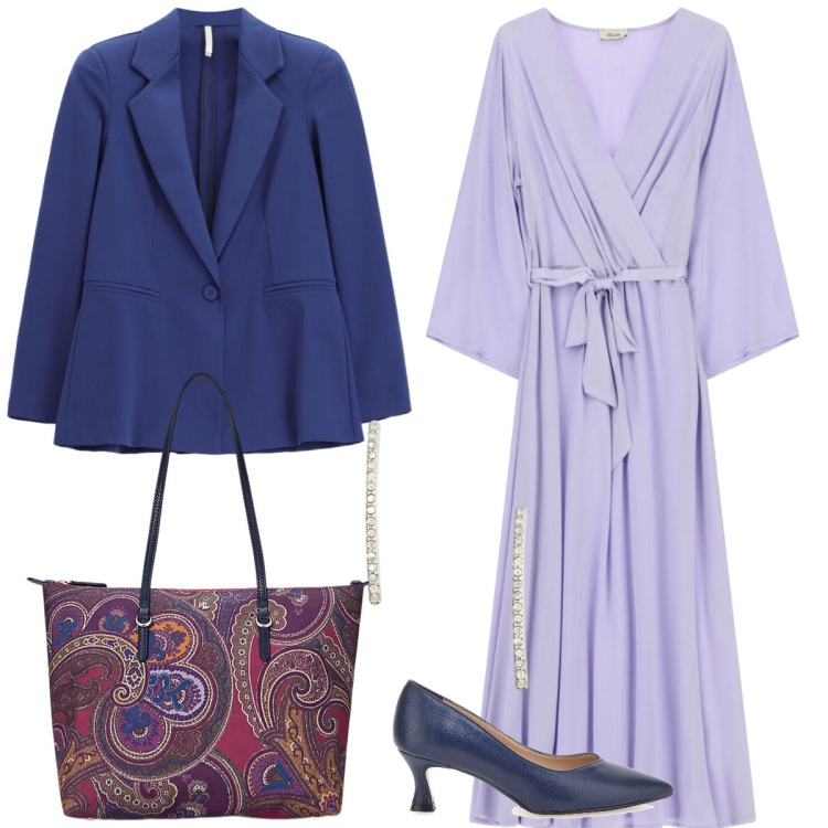 Outfit donna - Un tocco di lilla. Stile Chic per Tutti i giorni. Abbinamento con blazer, vestiti midi/longuette, borse tote, orecchini, décolleté.