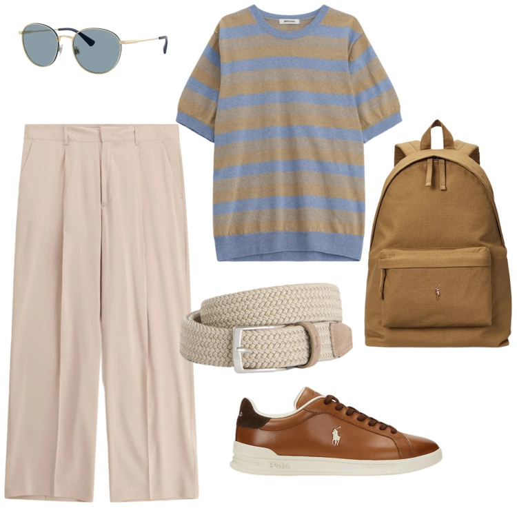 Outfit uomo - Maglia a righe. per Ufficio. Abbinamento con maglieria, pantaloni, cinture, sneakers, occhiali da sole, borse sportive.