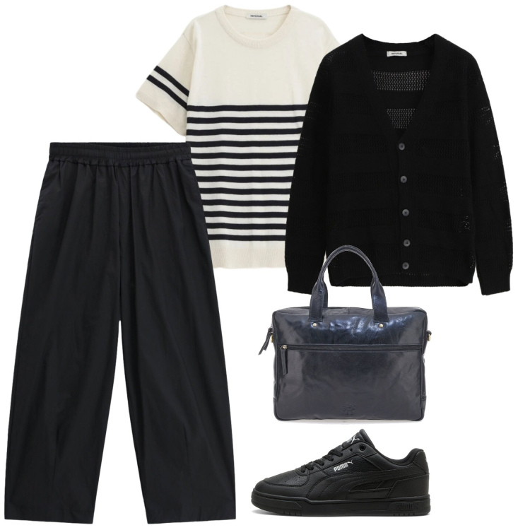 Outfit uomo - Black and White. per Ufficio. Abbinamento con cardigans, maglieria, pantaloni, borse sportive, sneakers.