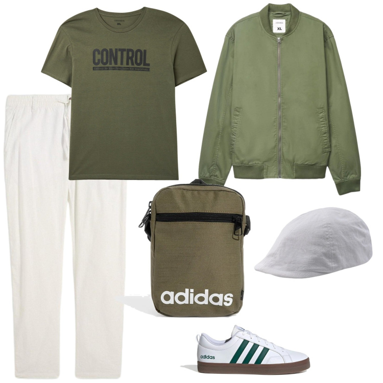 Outfit uomo - Si va in bici. per Tutti i giorni. Abbinamento con pantaloni chino, t-shirt, bomber, cappelli con visiera, borse sportive, sneakers.