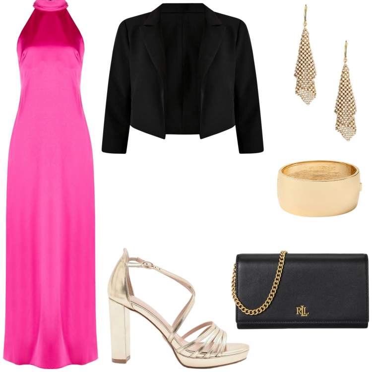Outfit donna - Cerimonia in fucsia. Stile Chic per Cerimonia. Abbinamento con bolero, sandali col tacco, vestiti lunghi, borse a tracolla, orecchini, braccialetti.