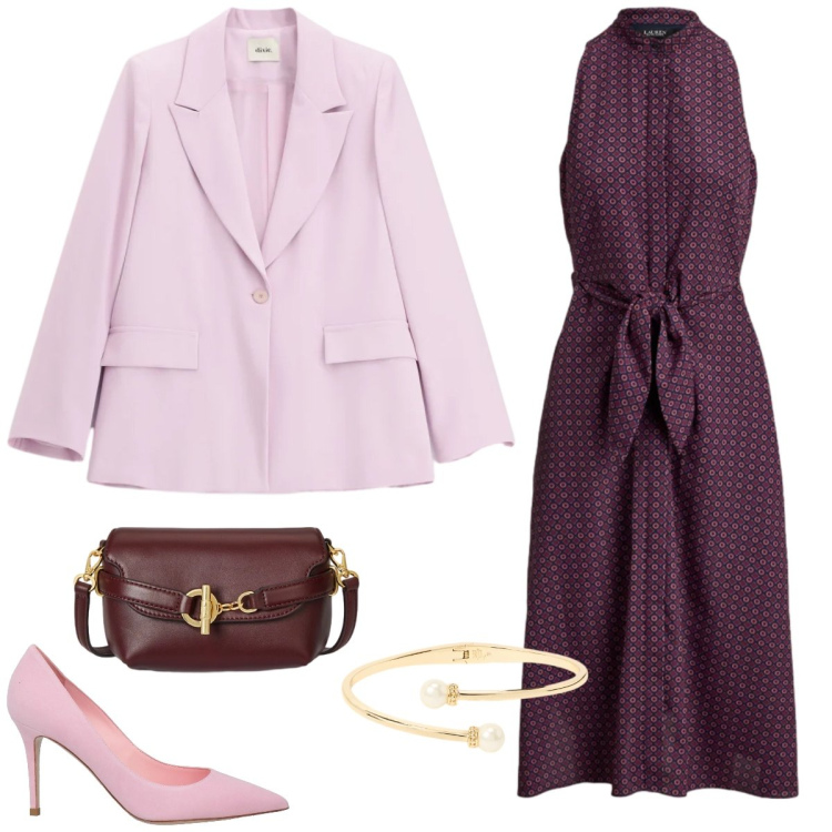 Outfit donna - Aperitivo. Stile Chic per Serata fuori. Abbinamento con décolleté, blazer, borse a tracolla, vestiti midi/longuette, braccialetti.