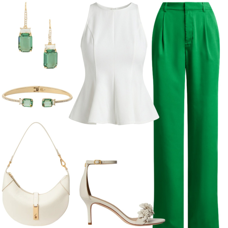 Outfit donna - White & green. Stile Chic per Cerimonia. Abbinamento con canottiere, pantaloni, borse a spalla, sandali in pelle, orecchini, braccialetti.