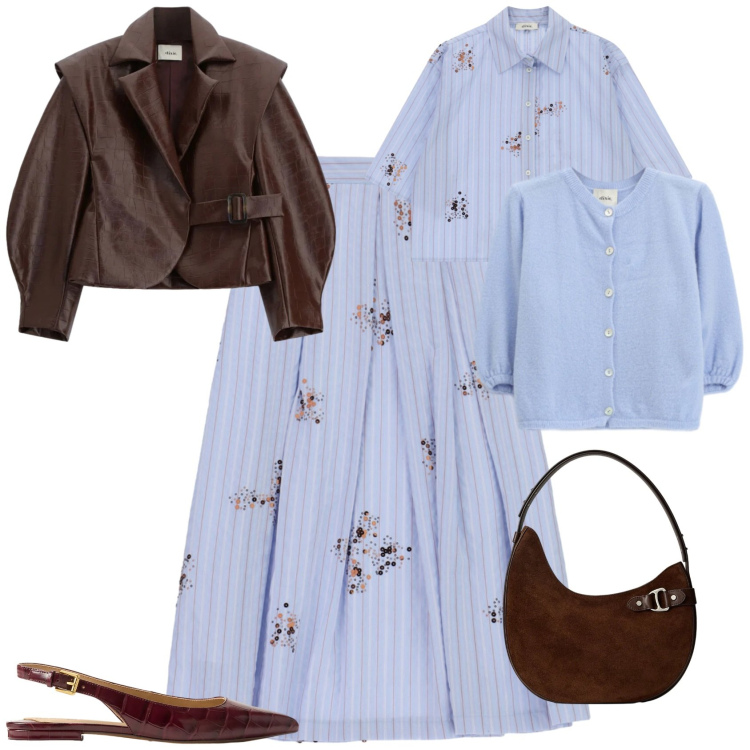 Outfit donna - Casual chic ogni giorno. Stile Casual chic per Tutti i giorni. Abbinamento con cardigans, blazer, gonne lunghe, camicie a manica corta, borse a spalla, ballerine.