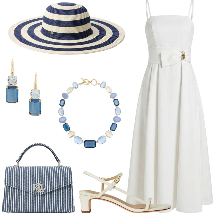 Outfit donna - Promessa di Matrimonio Capri style. Stile Chic per Cerimonia. Abbinamento con vestiti asimmetrici, cappelli, orecchini, collane, sandali in pelle, borse a mano.