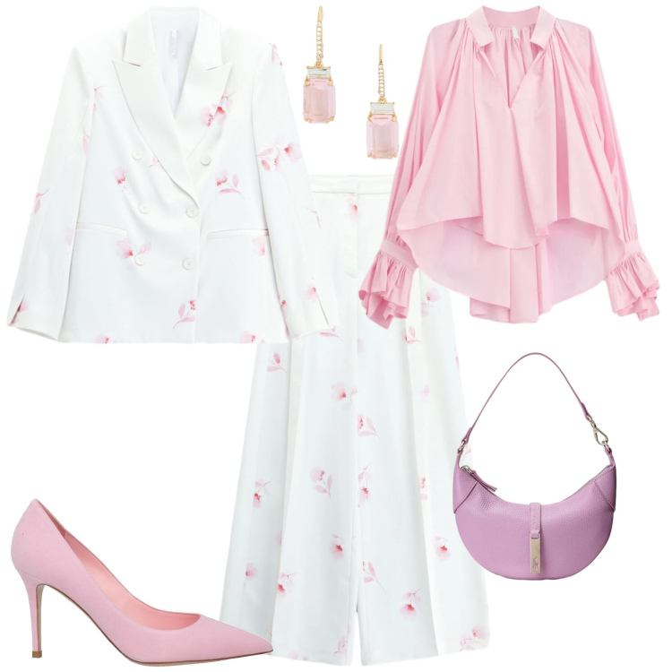 Outfit donna - Romantica chic cerimonia evento. Stile Chic per Cerimonia. Abbinamento con décolleté, camicie, blazer, pantaloni a palazzo, borse a spalla, orecchini.