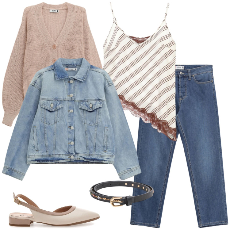 Outfit donna - Chic con Dettagli Femminili. Stile Casual chic per Tutti i giorni. Abbinamento con cinture, top, cardigans, blazer, jeans, ballerine.