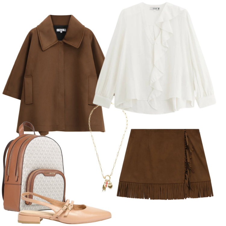 Outfit donna - Un Outfit in Marrone e Bianco. Stile Casual chic per Tutti i giorni. Abbinamento con zaini, ballerine, bluse, minigonne, cappotti, ciondoli.