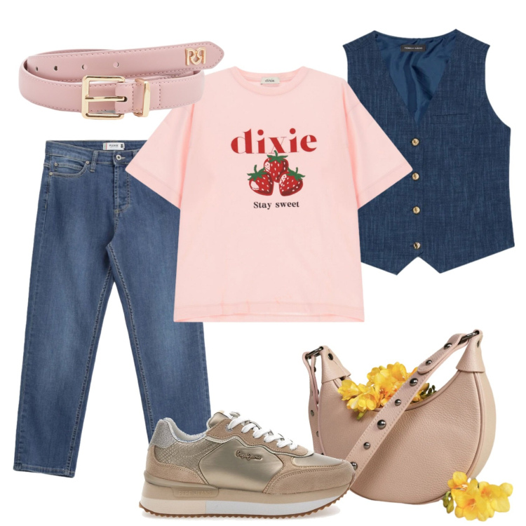 Outfit donna - Rosa pesca. Stile Casual chic per Tutti i giorni. Abbinamento con jeans, cinture, t-shirt, borse a spalla, gilet, sneakers.