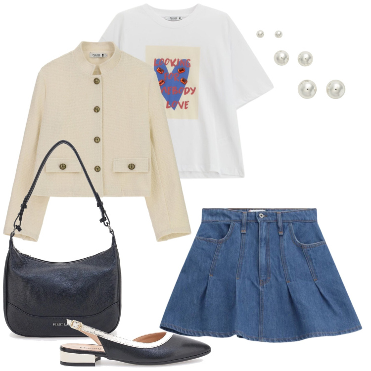 Outfit donna - L\'Outfit per il Tempo Libero. Stile Casual chic per Tutti i giorni. Abbinamento con minigonne, t-shirt, cappotti, orecchini, ballerine, borse a tracolla.