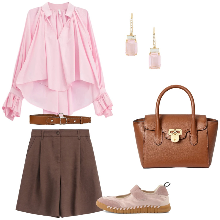 Outfit donna - Cipria chic. Stile Casual chic Abbinamento con camicie, bermuda, borse a mano, cinture, orecchini, ballerine.