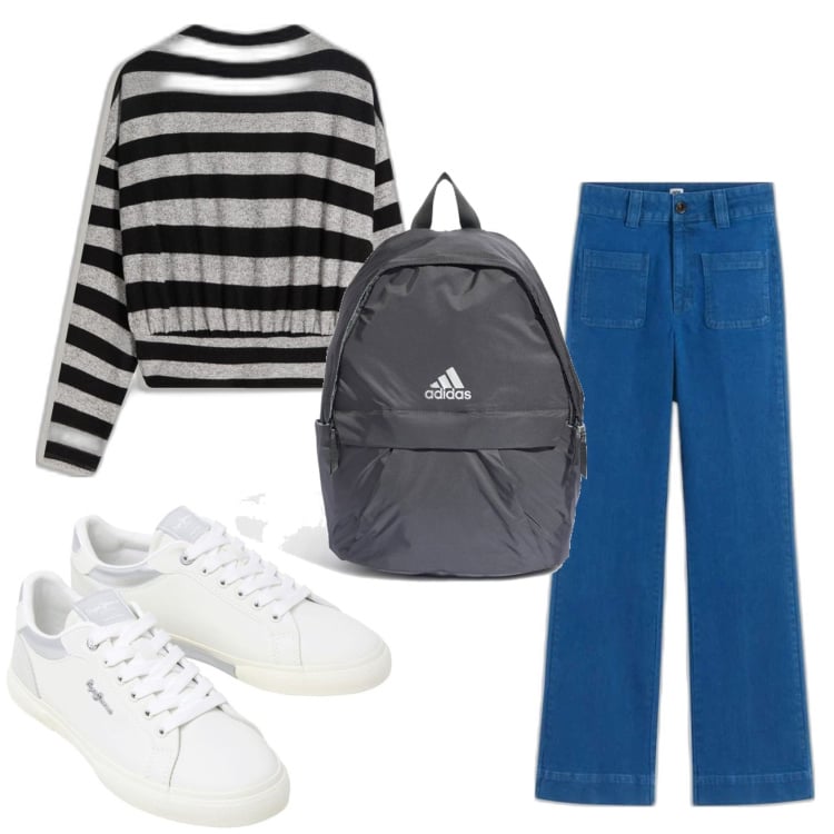 Outfit mujer - Casual. Estilo Casual para Todos los días. Combinación con vaqueros bootcut, mochilas, sneakers, sudaderas.