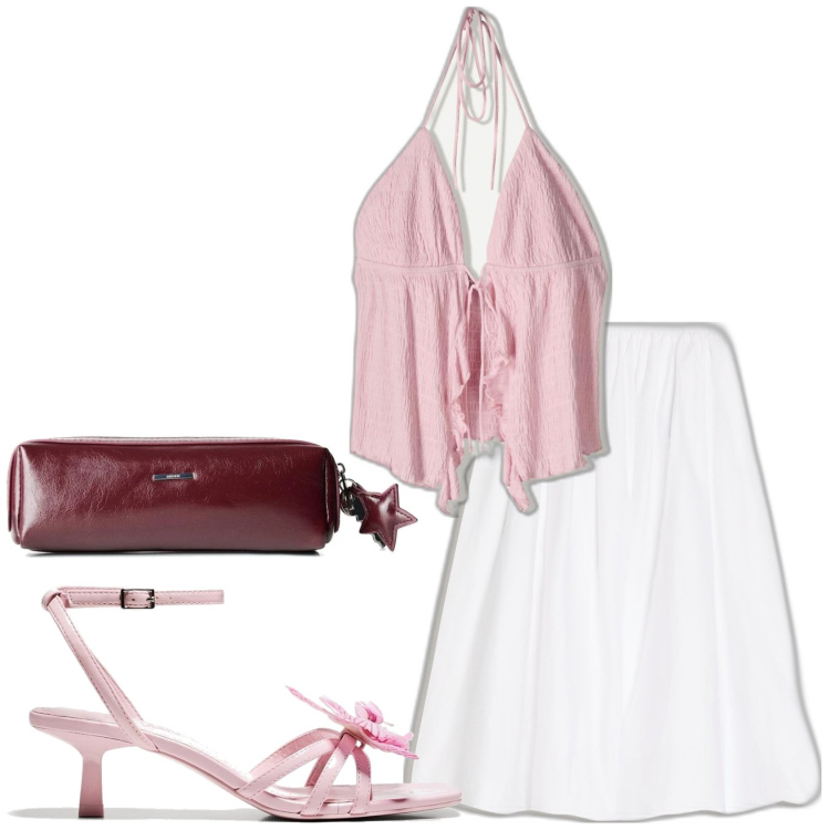 Outfit mujer - Romantica. Estilo Romántica para Todos los días. Combinación con top, maletas, falda longuette, sandalias de tacón.