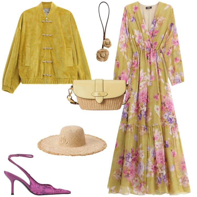 Outfit donna - Boho primavera cerimonia evento. Stile Boho per Cerimonia. Abbinamento con décolleté, bomber, vestiti lunghi, ciondoli, cappelli, borse a tracolla.
