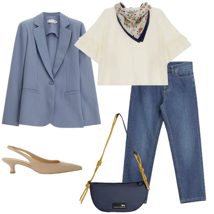 Outfit donna - Toni Azzurri e Dettagli Romantici. Stile Glamour per Tutti i giorni. Abbinamento con blazer, top, jeans, borse a tracolla, décolleté.