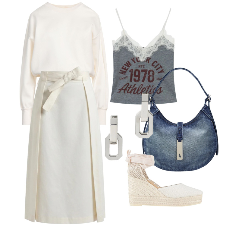 Outfit donna - Maggio. Stile Trendy per Tutti i giorni. Abbinamento con felpe, espadrillas, gonne longuette, top, borse a spalla, orecchini.