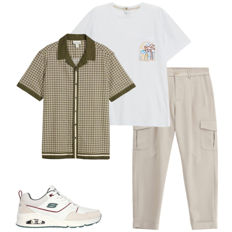 Outfit uomo - Comfort e Stampe Geometriche. Stile Trendy per Tutti i giorni. Abbinamento con camicie a manica corta, pantaloni cargo, t-shirt, sneakers.