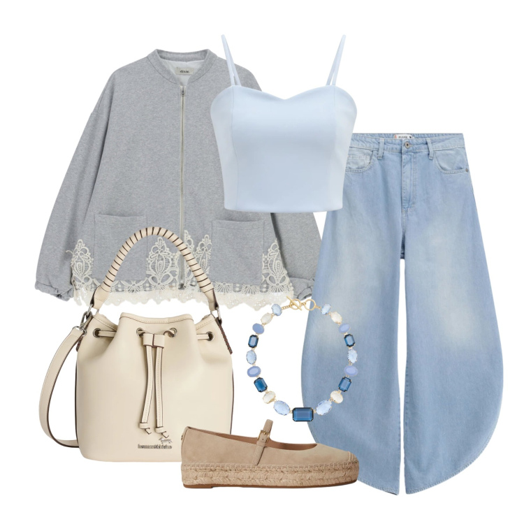 Outfit donna - Maggio. Stile Casual per Tutti i giorni. Abbinamento con borse a secchiello, jeans, top, felpe, espadrillas, collane.