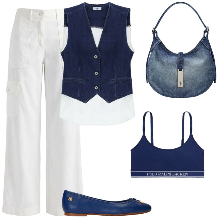 Outfit donna - Bianco e blu il pomeriggio. Stile Casual per Tutti i giorni. Abbinamento con pantaloni cargo, gilet, ballerine, borse a spalla, reggiseni.
