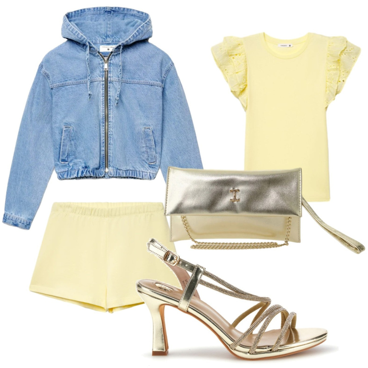 Outfit donna - Denim versatile. Stile Casual per Serata fuori. Abbinamento con bomber, t-shirt, shorts, borse a tracolla, sandali col tacco.