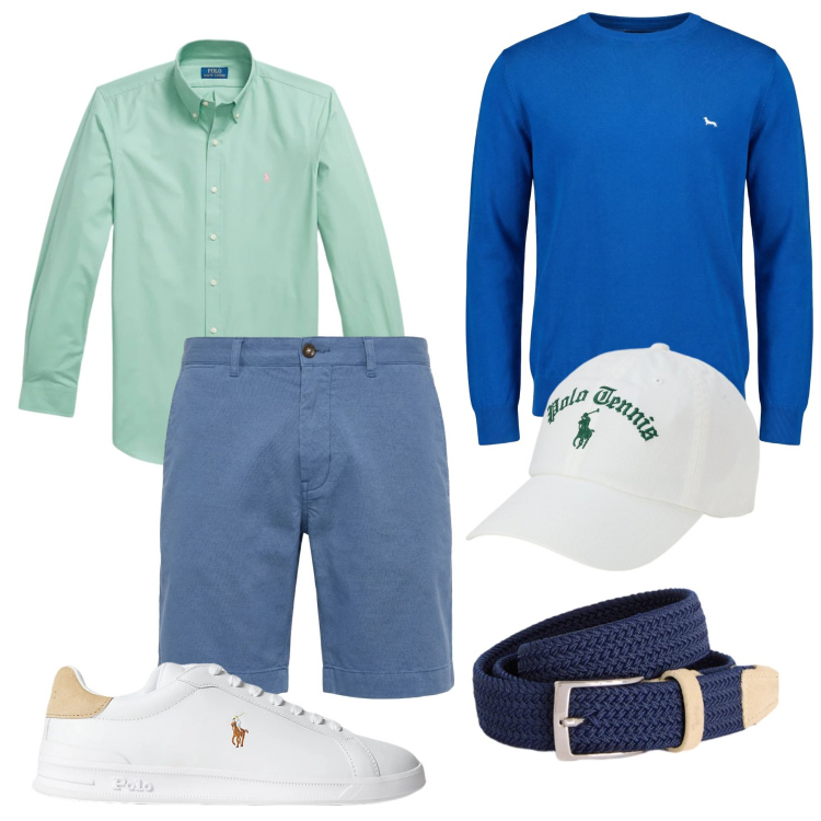 Outfit uomo - Freschezza Coastal. Stile Casual per Serata speciale. Abbinamento con cinture, pullovers, bermuda, sneakers, camicie, cappelli con visiera.