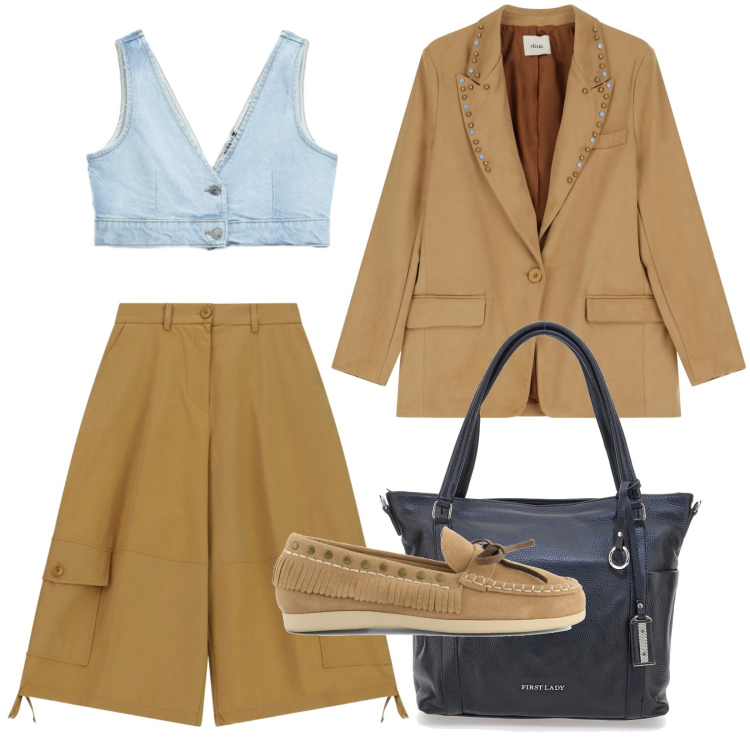 Outfit donna - Top denim. Stile Urban per Tutti i giorni. Abbinamento con top, pantaloni a palazzo, blazer, shopping bag, mocassini.