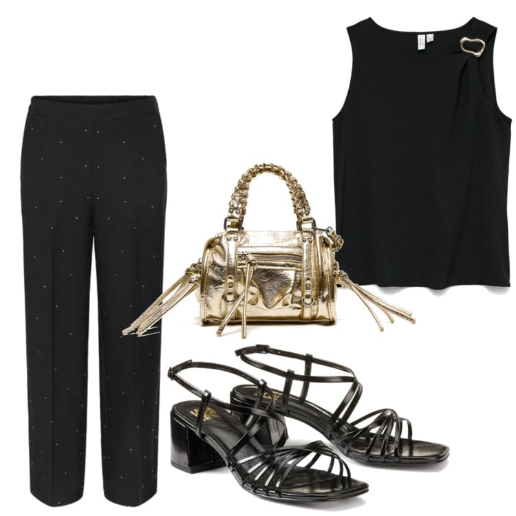 Outfit mujer - Urban style. Estilo Urban para Noche/Fiesta elegante. Combinación con top, pantalones, sandalias de piel, bolsos de mano.