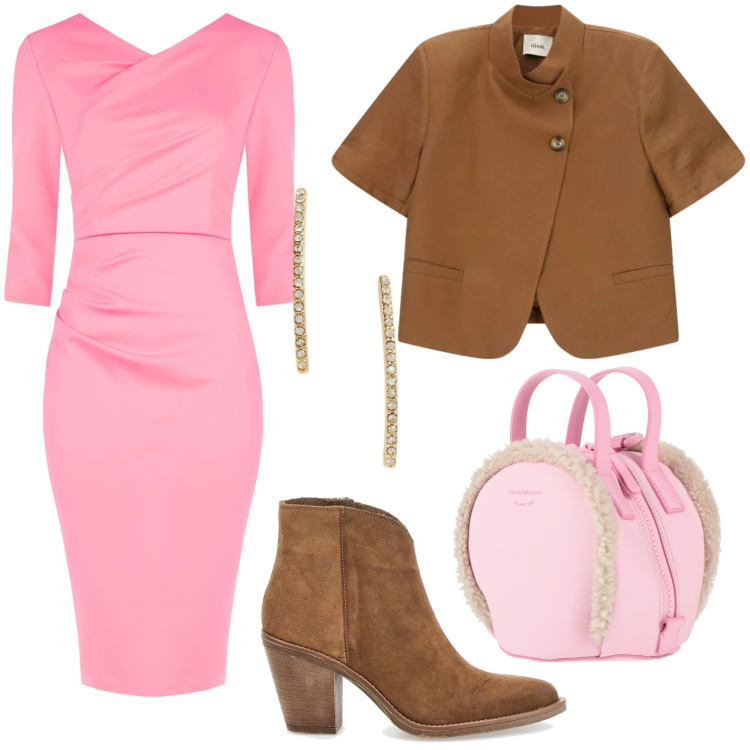 Outfit donna - Tubino romantico. Stile Casual per Tutti i giorni. Abbinamento con zaini, vestiti a tubino, blazer, orecchini, stivaletti.