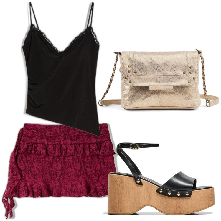 Outfit mujer - Sexy look. Estilo Sexy para Todos los días. Combinación con bolsos de mano, faldas, top, sandalias de tacón.