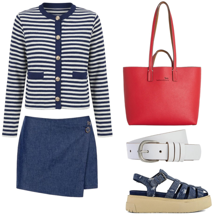 Outfit donna - Stile marina. Stile Urban per Tutti i giorni. Abbinamento con cinture, shopping bag, cardigans, minigonne, sandali.