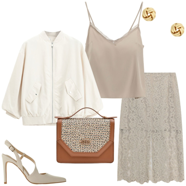 Outfit donna - Serata fuori, primavera 2026. Stile Trendy per Serata fuori. Abbinamento con décolleté, canottiere, bomber, gonne longuette, pochette, orecchini.