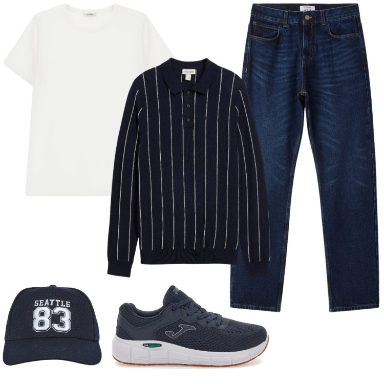 Outfit uomo - 5.baseball style. Stile Urban per Tutti i giorni. Abbinamento con maglieria, cappelli, jeans dritti, t-shirt, sneakers.