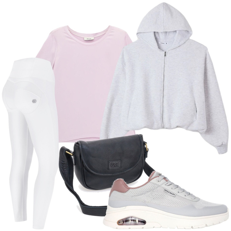 Outfit donna - Tempo libero. Stile Trendy per Tutti i giorni. Abbinamento con felpe con cappuccio, t-shirt, pantaloni skinny, sneakers, borse a tracolla.