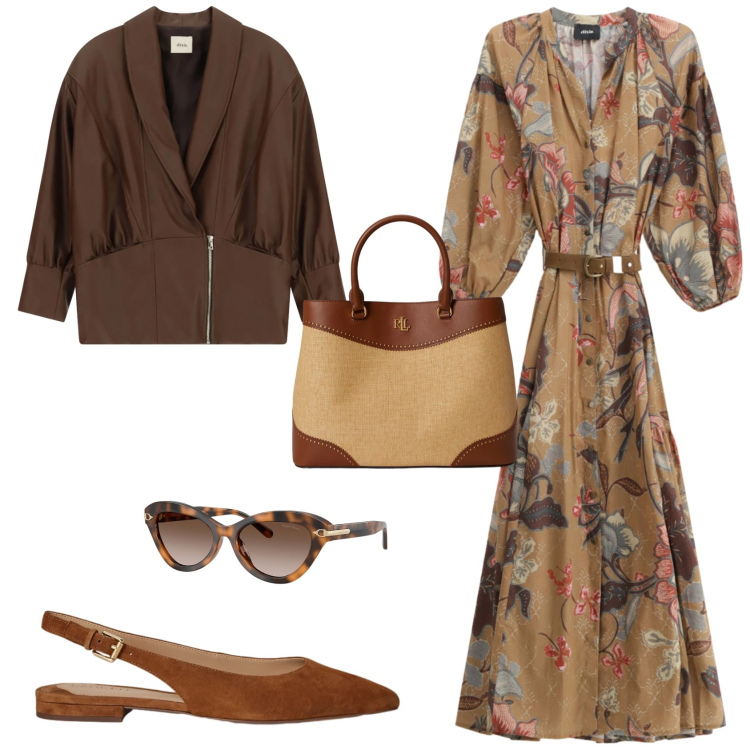 Outfit donna - Ufficio tempo libero casual chic. Stile Casual chic per Tutti i giorni. Abbinamento con vestiti lunghi, blazer, occhiali da sole, ballerine, borse a mano.
