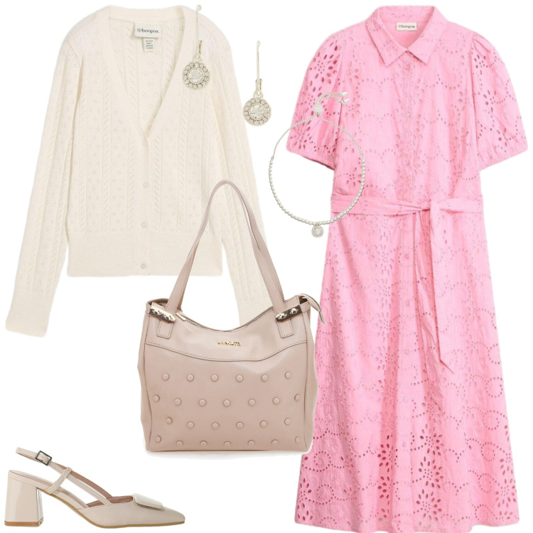 Outfit donna - L\'abito con ricami traforati. Stile Bon Ton per Tutti i giorni. Abbinamento con cardigans, vestiti chemisier, décolleté, braccialetti, orecchini, shopping bag.