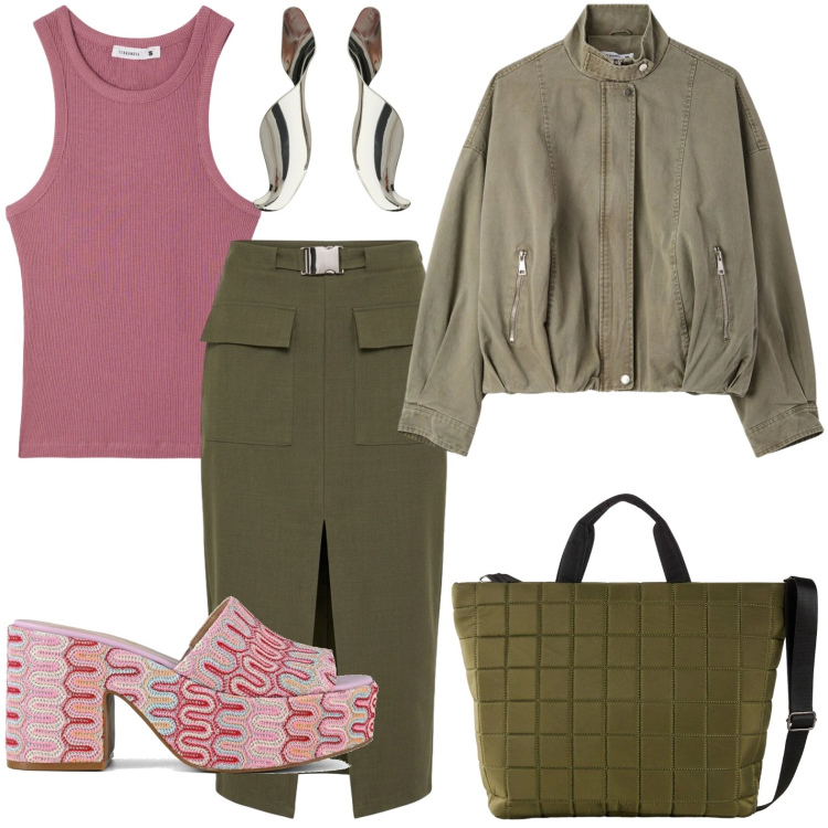 Outfit donna - Gonna con spacco. Stile Glamour per Tutti i giorni. Abbinamento con shopping bag, canottiere, bomber, gonne longuette, orecchini, sabot.