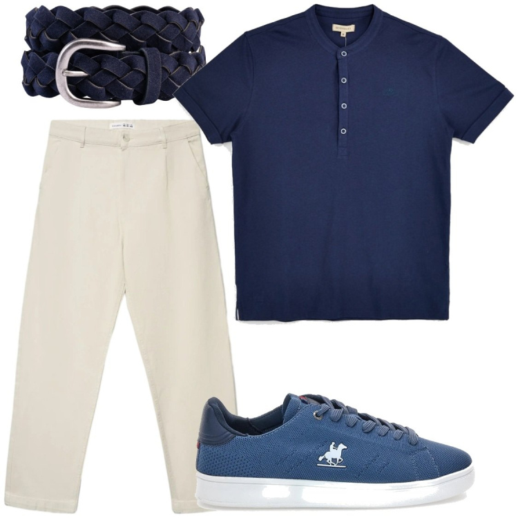 Outfit uomo - Il prof. Stile Casual per Ufficio. Abbinamento con pantaloni chino, cinture, sneakers, t-shirt.