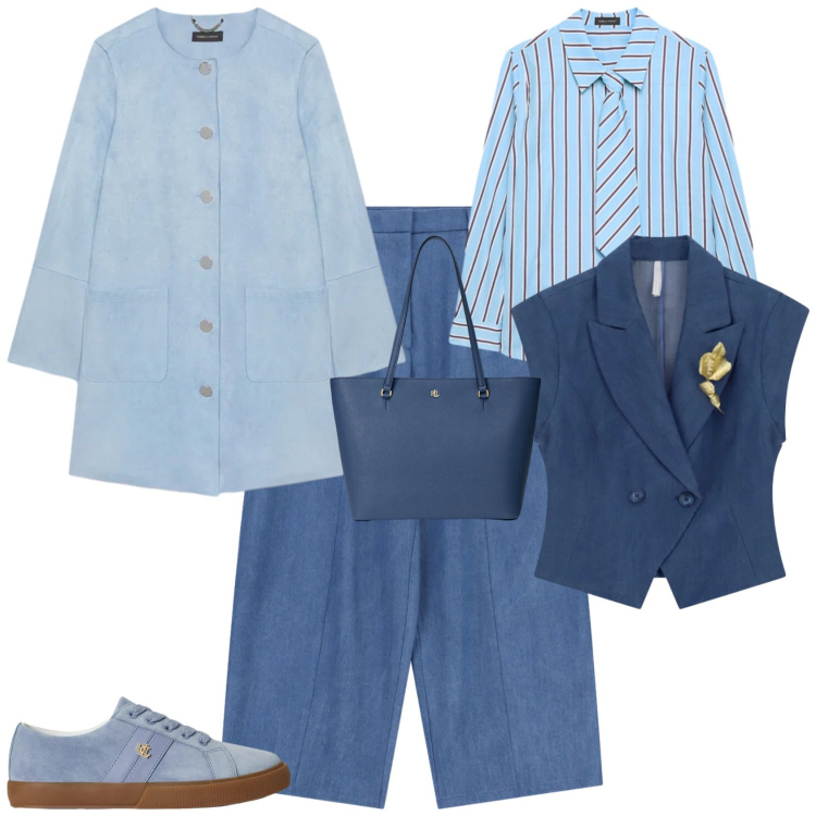 Outfit donna - Sporty chic ufficio tempo libero. Stile Sporty chic per Tutti i giorni. Abbinamento con cappotti, camicie, gilet, jeans, borse tote, sneakers.