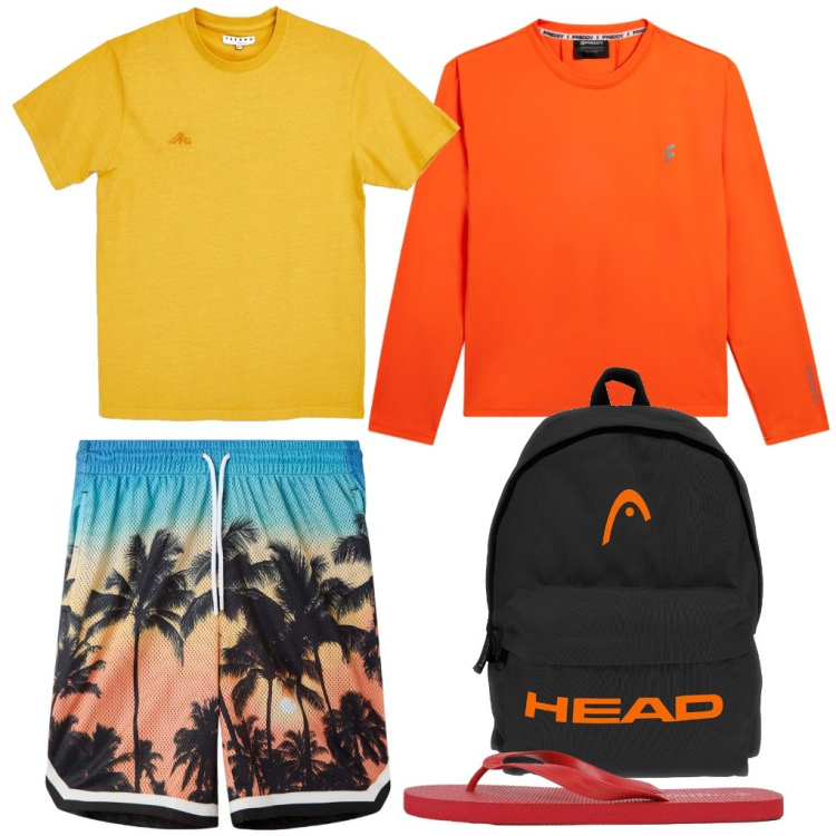 Outfit uomo - 7. Weekend al mare. Stile Urban per Mare. Abbinamento con bermuda, sandali, t-shirt, t-shirt, borse sportive.