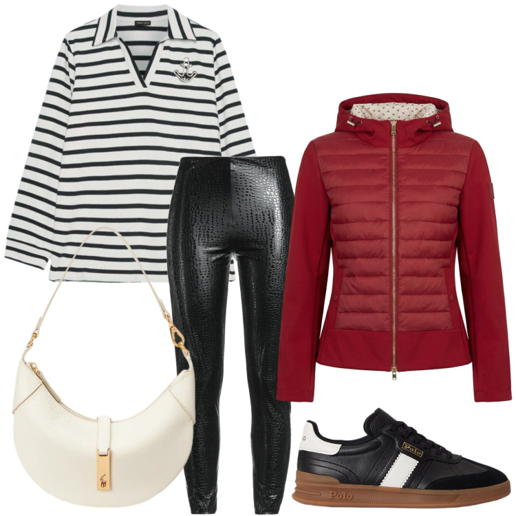 Outfit donna - Righe. Stile Sporty chic per Tutti i giorni. Abbinamento con leggings, polo, giacche, sneakers, borse a spalla.