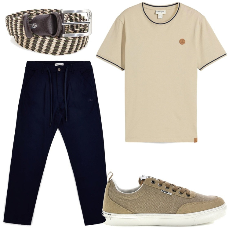 Outfit uomo - lightheartedness in the office. Stile Trendy per Ufficio. Abbinamento con t-shirt, cinture, pantaloni, sneakers.