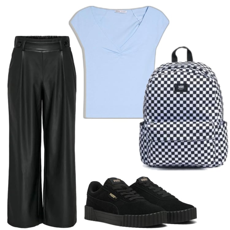 Outfit mujer - Casual. Estilo Casual para Todos los días. Combinación con sneakers, camiseta, pantalones, mochilas.